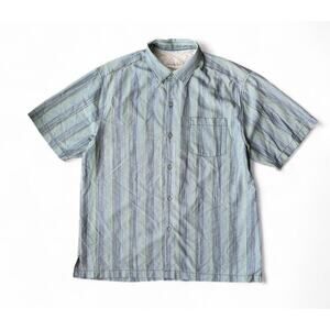 Men’s Tommy Bahama 100% Silk Short Sleeve Polo Shirt Blue Green Stripe Size L